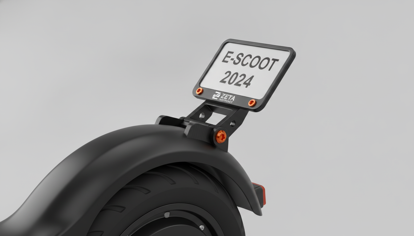 Schräger Kennzeichenhalter am Rahmen eines E-Scooters montiert
